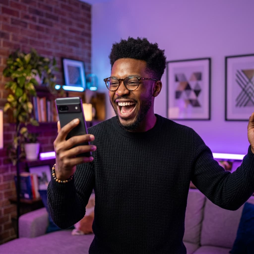 Excited man using phone