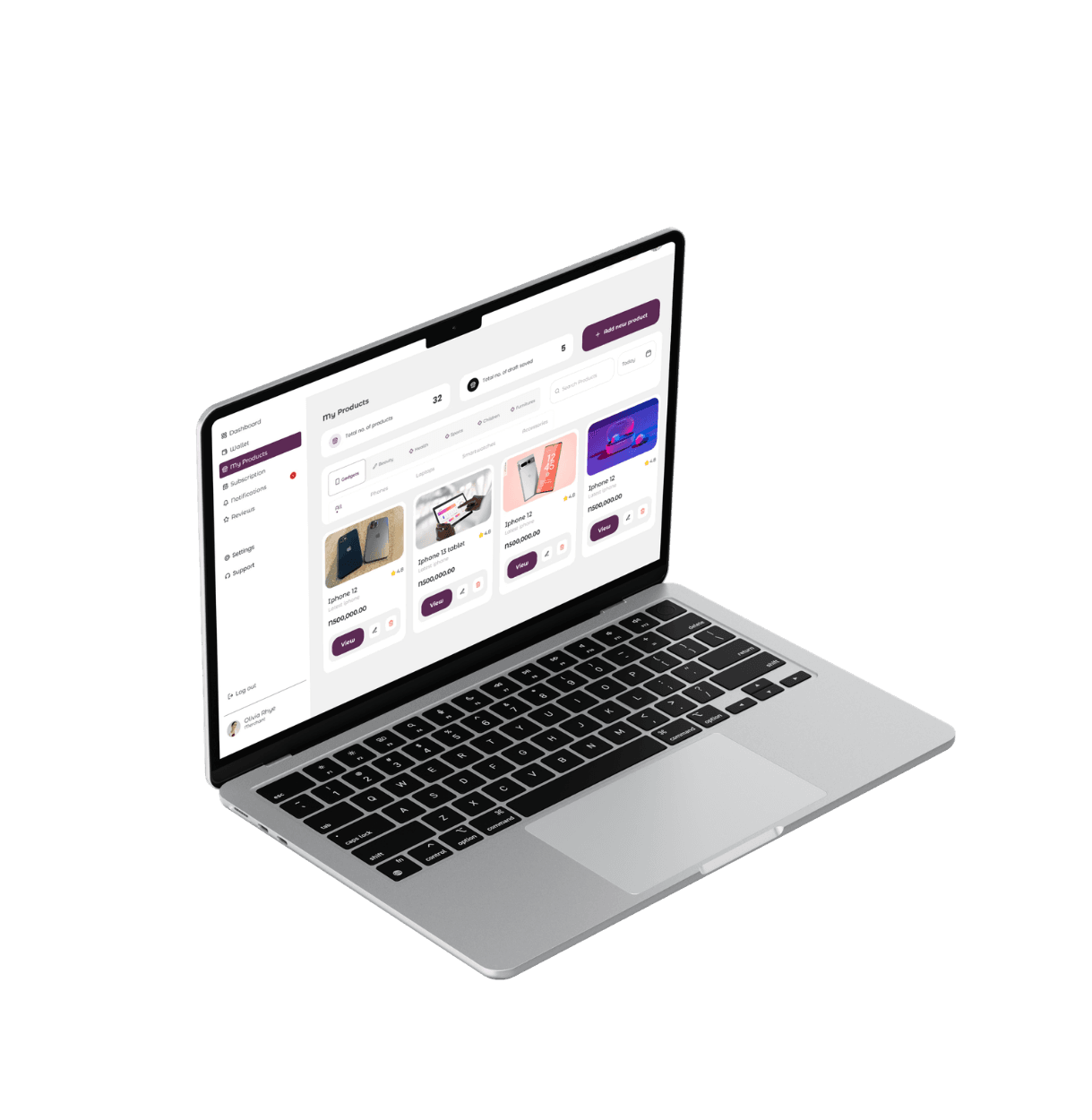 Richion Marketplace Merchant Dashboard Mockup on Laptop